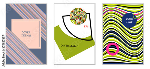 Geometric cover design, set of 3 covers. Abstract unusual background in Memphis style. Bright geometric shapes in random order