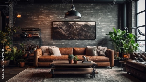 Inspiring office interior design Industrial style Lounge featuring Exposed bricks architecture. Generative AI AIG 31.