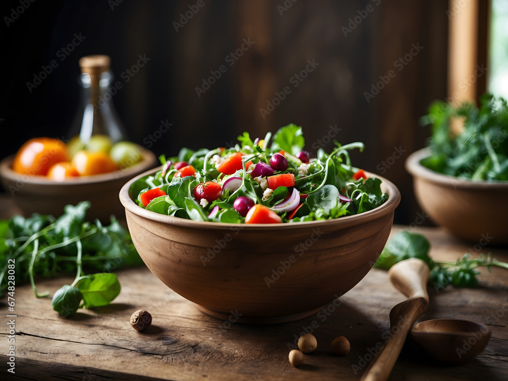 A salad made of fresh greens in a wooden rustic plate A salad made of fresh greens in a wooden rustic plate
