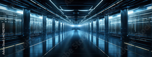 New future technology, futuristic environments, cyber space. science, development background. huge spaces with servers in blue color. Copy space. banner photo