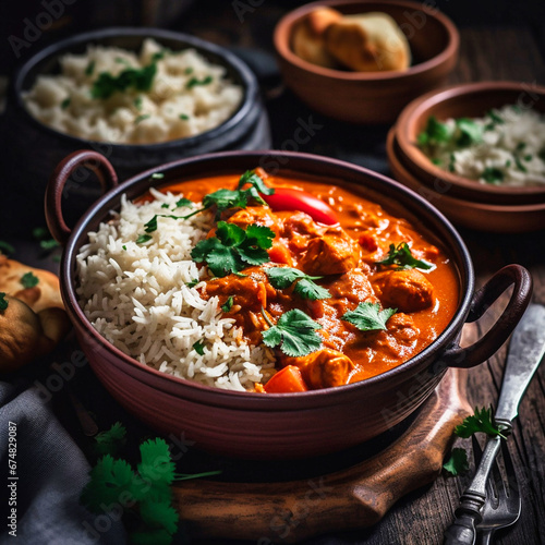 Indian butter chicken with basmati rice in a bowl, spices, black background. 