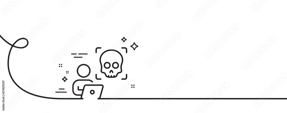 Cyber attack line icon. Continuous one line with curl. Ransomware threat sign. Computer phishing virus symbol. Cyber attack single outline ribbon. Loop curve pattern. Vector Cyber attack line icon. Continuous one line with curl. Ransomware threat sign. Computer phishing virus symbol. Cyber attack single outline ribbon. Loop curve pattern. Vector