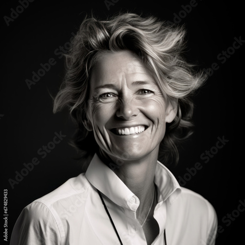 portrait noir et blanc studio sur fond noir d'une femme d'affaires, cheffe d'entreprise, souriante et épanoui, heureuse et sûre d'elle