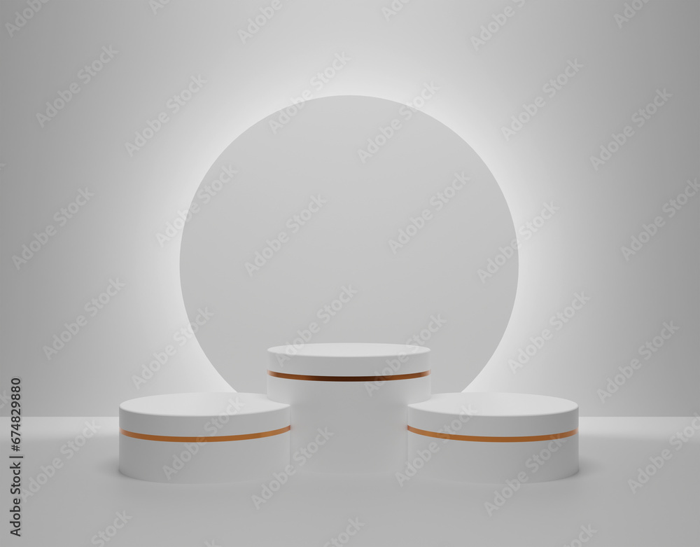 Abstract white 3D room with realistic white cylinder pedestal podium set and palm leaf shadow overlay. Minimal scene for product display presentation. shine silver cylinder pedestal podium. 3D Render Abstract white 3D room with realistic white cylinder pedestal podium set and palm leaf shadow overlay. Minimal scene for product display presentation. shine silver cylinder pedestal podium. 3D Render