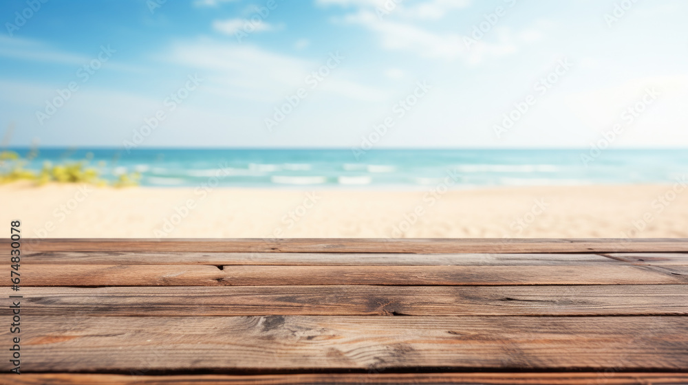 Empty wooden table with tropical beach theme in background Empty wooden table with tropical beach theme in background