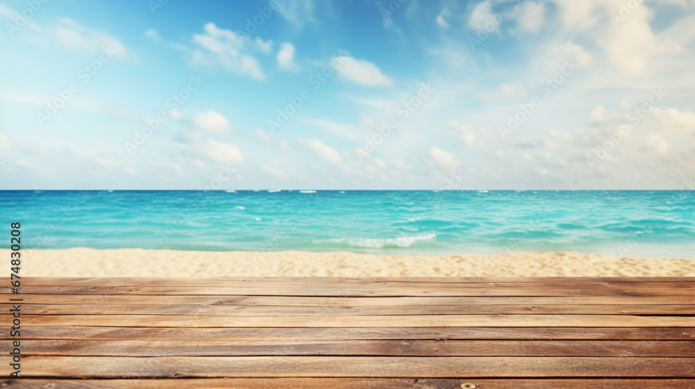 Empty wooden table with tropical beach theme in background Empty wooden table with tropical beach theme in background