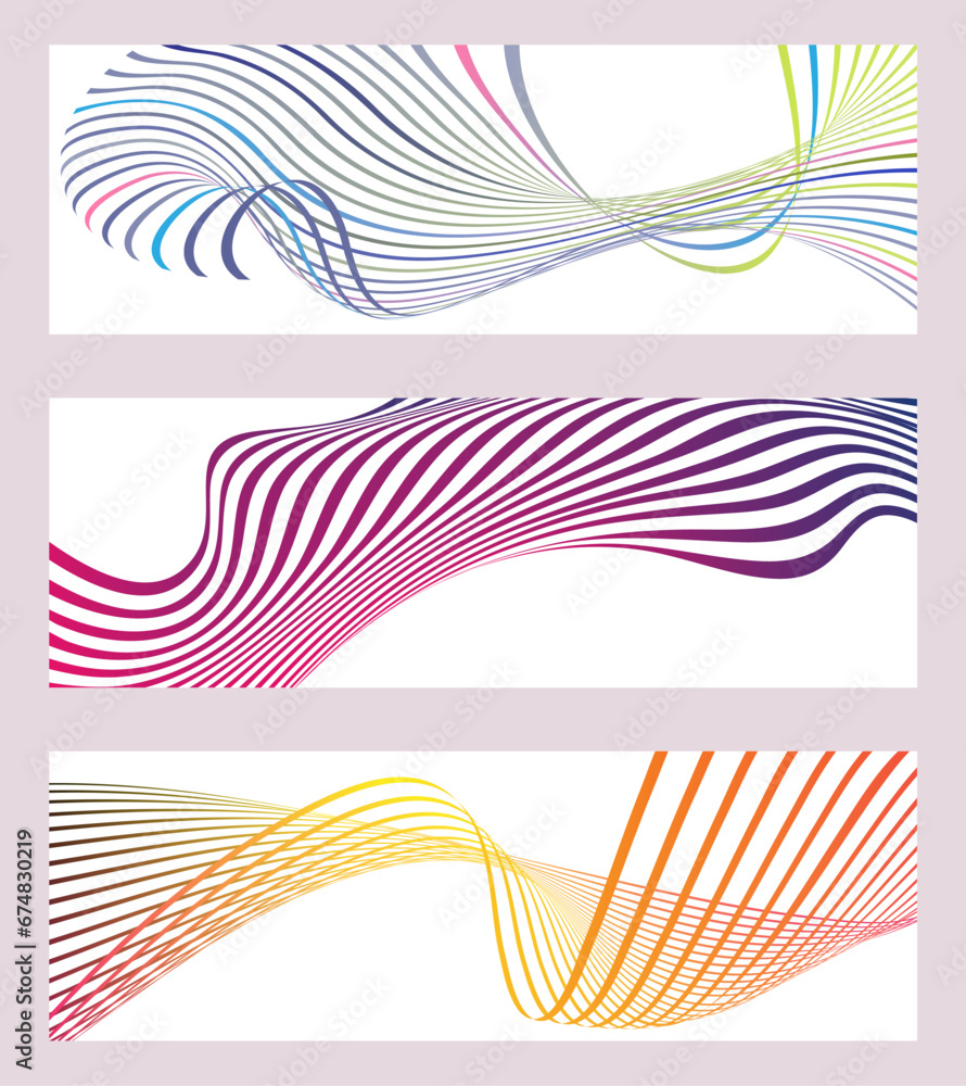 Wavy lines or ribbons. Set of 3 backgrounds. Multicolored striped gradient. Creative unusual background with abstract gradient wave lines to create a trendy banner, poster. vector eps Wavy lines or ribbons. Set of 3 backgrounds. Multicolored striped gradient. Creative unusual background with abstract gradient wave lines to create a trendy banner, poster. vector eps