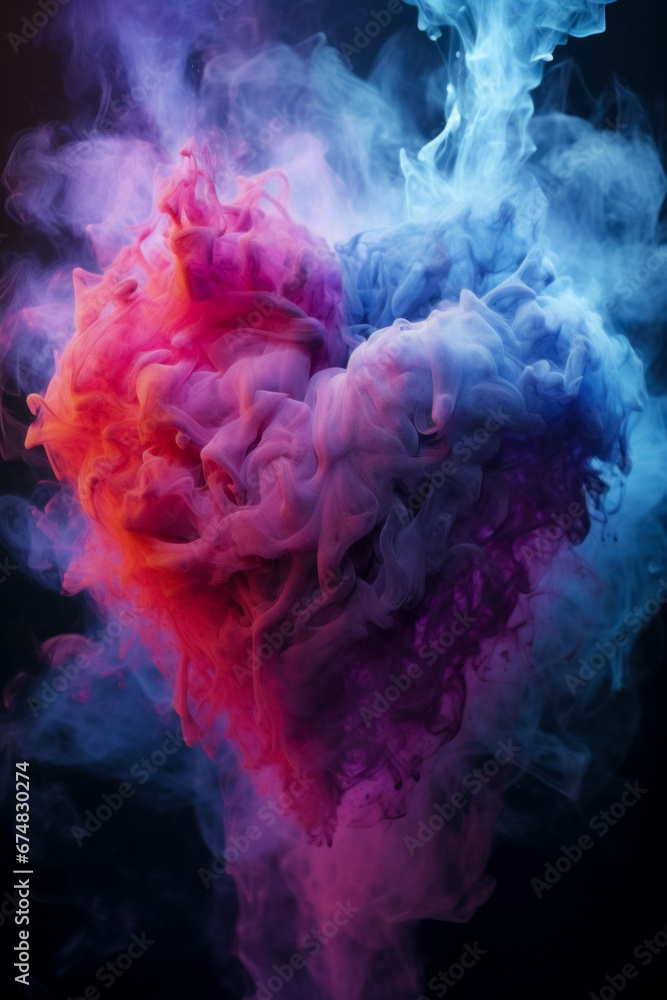 Splash of paint ink cloud in the shape of heart in liquid.