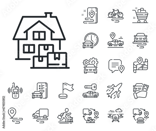 Packing things sign. Plane, supply chain and place location outline icons. Home moving line icon. Delivery service symbol. Home moving line sign. Taxi transport, rent a bike icon. Travel map. Vector