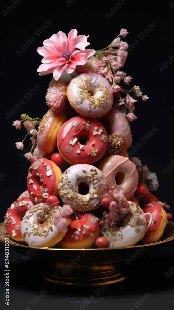 A tower of pink donuts with flowers on top. Generative AI.