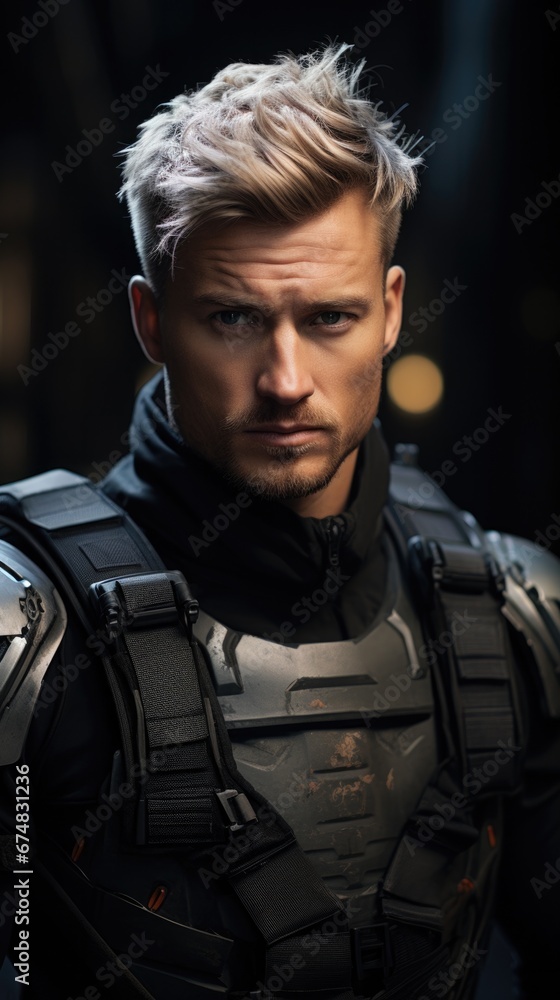 A man with blonde hair and a black armored suit. Generative AI. A man with blonde hair and a black armored suit. Generative AI.