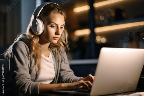 A woman wearing headphones and sitting at a desk with a laptop. Generative AI.