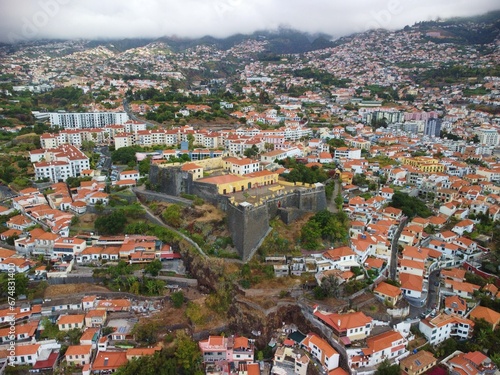 Portugal, Madeira Island, aerial view on Funchal town from drone, old fortress