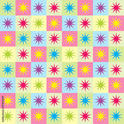 Quilt vintage style design with squares and star bursts in a seamless repeat pattern - Vector Illustration