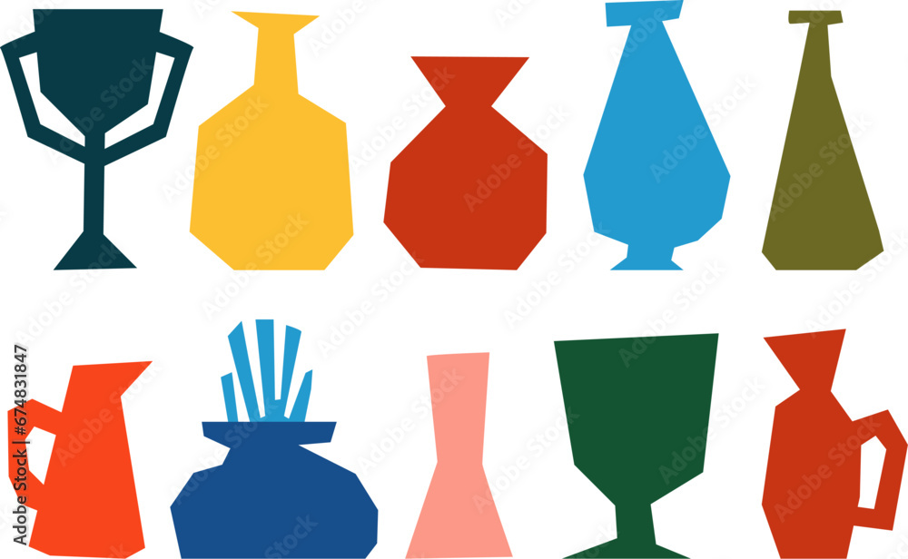 Fototapeta premium Set of simple shape abstract vases. Bright stylized silhouettes of ceramic pots. Various collection of trendy minimalistic vessels. Geometric pottery. Isolated vector illustration.