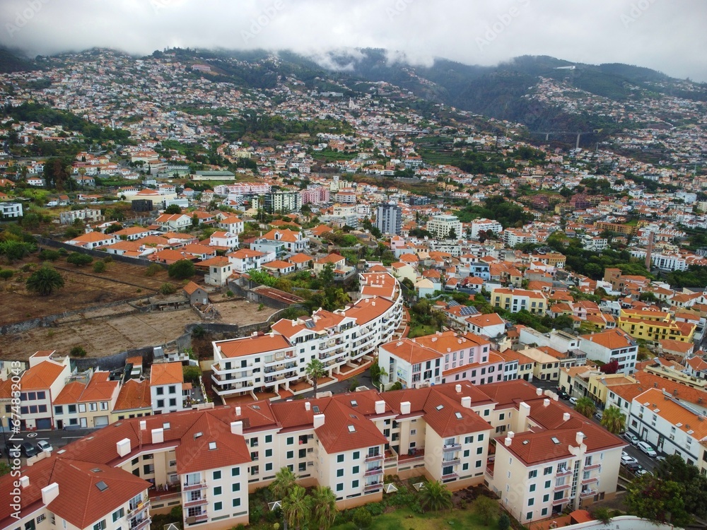 Portugal, Madeira Island, aerial view on Funchal town from drone