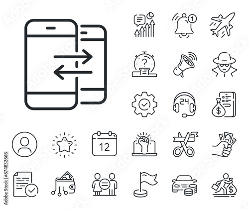 Incoming and Outgoing call sign. Salaryman, gender equality and alert bell outline icons. Phone Communication line icon. Conversation or SMS symbol. Phone Communication line sign. Vector