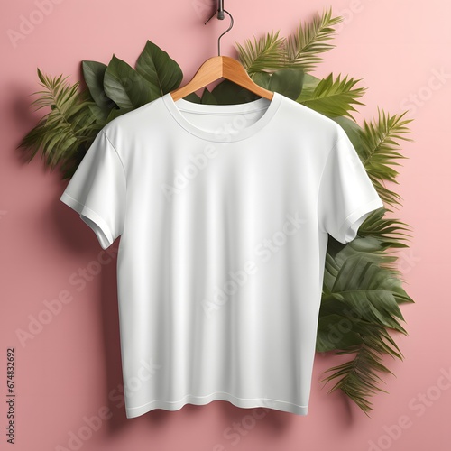 White t-shirt mockup on hanger with tropical leaves on pink background