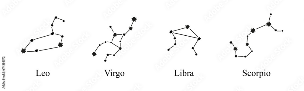 Zodiac constellations signs set vector. Constellations, collection of zodiac signs with names. Zodiac constellations signs set vector. Constellations, collection of zodiac signs with names.
