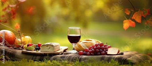 Sitting on the lush green grass in the autumn garden enjoying a picnic spread of healthy bread red wine and fresh food surrounded by the vibrant colors of nature s leaves while sipping on a 