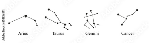 Zodiac constellations signs set vector. Constellations, collection of zodiac signs with names.