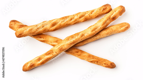 Isolated crispy grissini, salted breadstick and dry homemade pretzel on a white background.