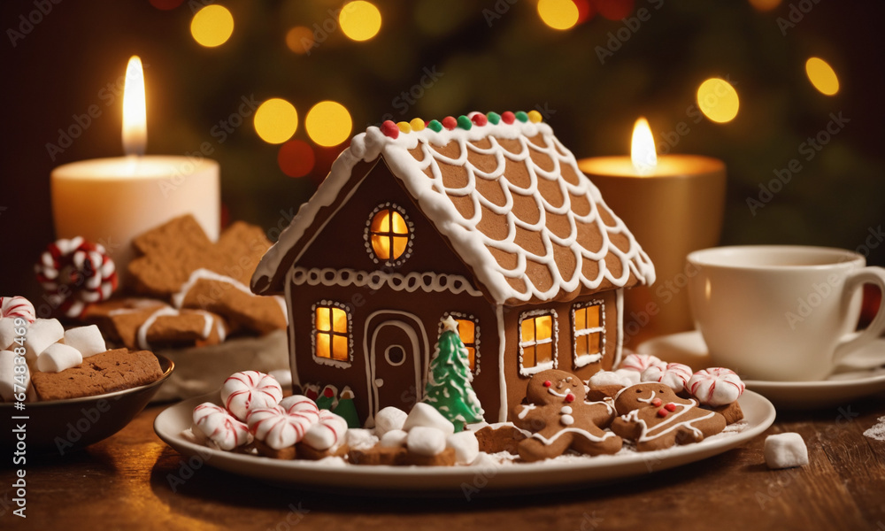 Cozy gingerbread house, warm New year atmosphere