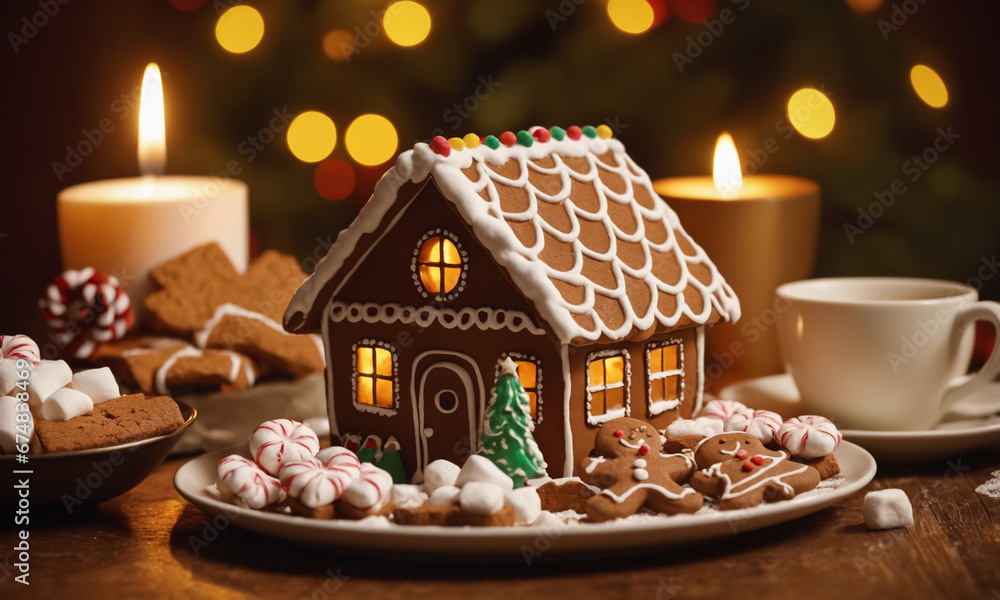 Cozy gingerbread house, warm New year atmosphere Cozy gingerbread house, warm New year atmosphere