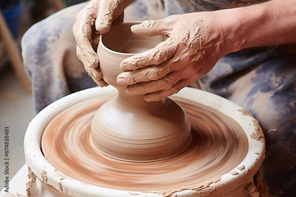 Potter's wheel spins clay into pottery on a white background. Potter's wheel spins clay into pottery on a white background.
