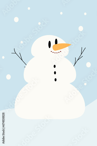 Snowman with snowflakes.Winter snowy day background.
