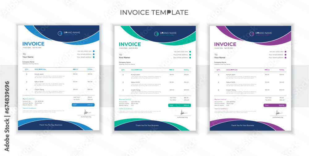Vector creative modern invoice template design whit 3 colors