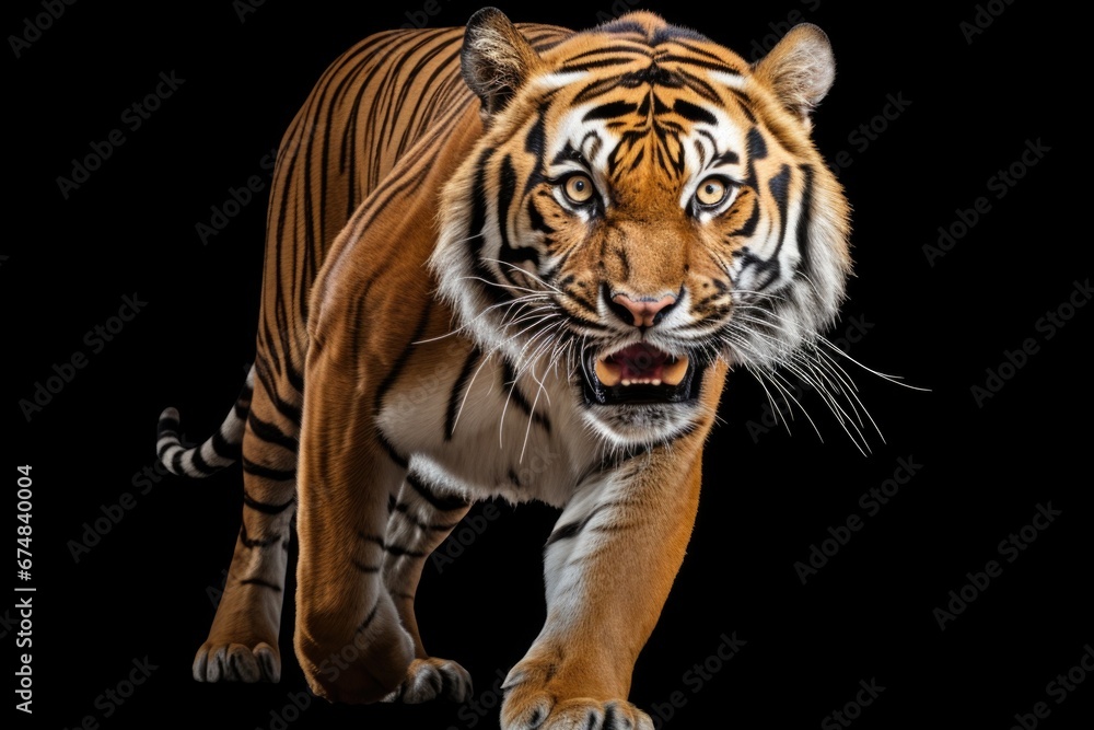 A powerful tiger walking across a black background. Perfect for adding a touch of wildness and strength to any project.