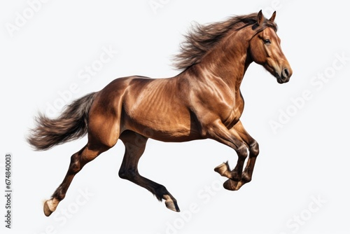 A brown horse is captured in motion as it gallops against a white background. This dynamic image can be used to depict freedom, strength, or the beauty of nature in various projects.