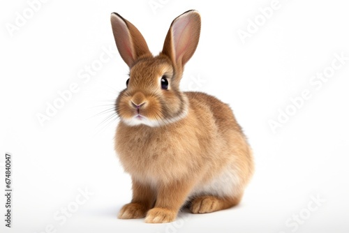A brown rabbit is sitting on a white surface. This image can be used for various purposes.