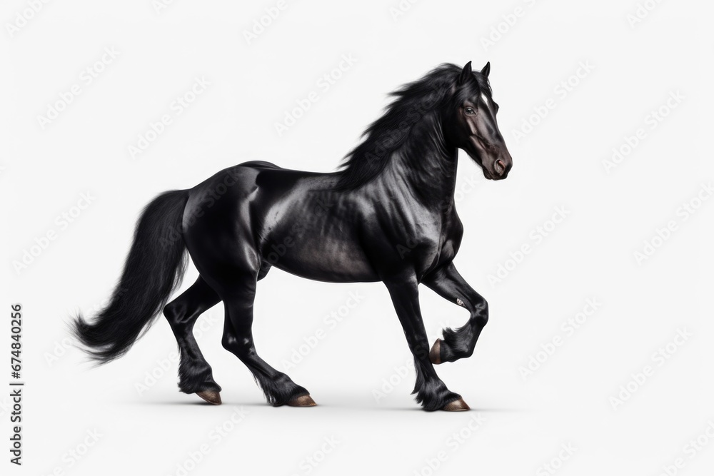 A powerful black horse running at full speed on a clean white background. Perfect for equestrian-related designs or concepts.