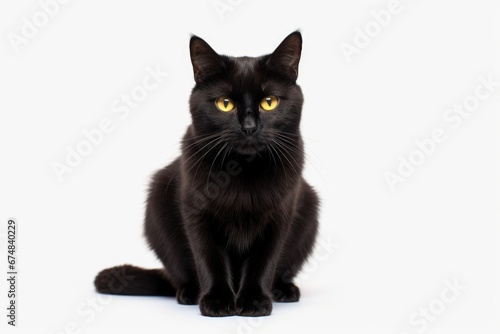 A black cat with yellow eyes sitting on a white surface. This picture can be used to depict a domestic cat or for Halloween-themed designs.