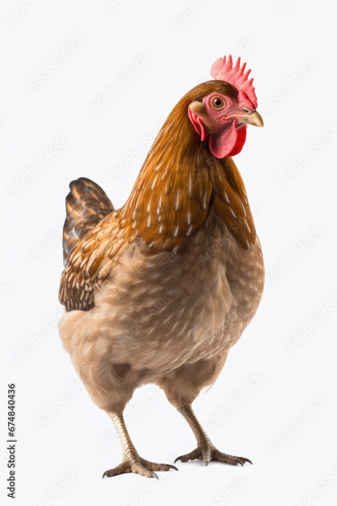 Fototapeta premium A picture of a brown chicken with a distinctive red comb on its head. This image can be used to represent farm animals or poultry in various contexts.