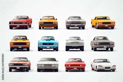 A collection of various colored cars arranged on a white surface. Suitable for automotive themes and transportation-related projects.