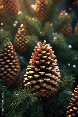 A group of pine cones sitting on top of a pine tree. This image can be used to depict nature, forestry, or the beauty of the outdoors.