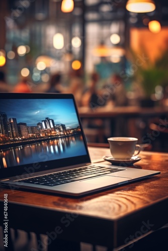 A laptop computer placed on a wooden table. This image can be used to depict technology  work  productivity  or remote work scenarios.