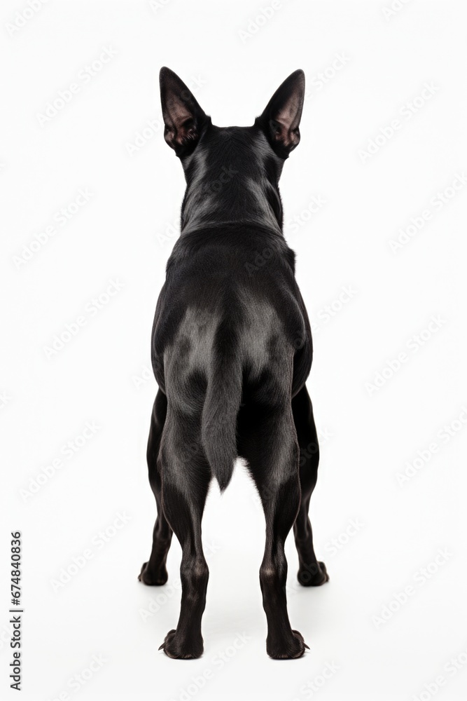A picture of a large black dog standing on top of a white floor. This image can be used to depict a pet dog or to represent loyalty, protection, and companionship.