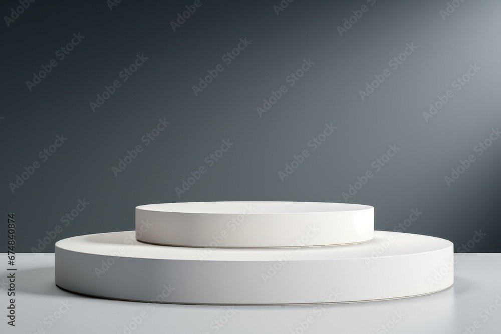 A white pedestal is placed on a white table. This image can be used for showcasing small sculptures, decorative items, or as a minimalistic background. A white pedestal is placed on a white table. This image can be used for showcasing small sculptures, decorative items, or as a minimalistic background.