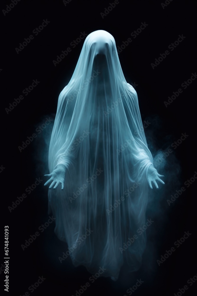 A ghostly figure standing in the dark. This image can be used to depict horror, supernatural, or mystery themes. A ghostly figure standing in the dark. This image can be used to depict horror, supernatural, or mystery themes.