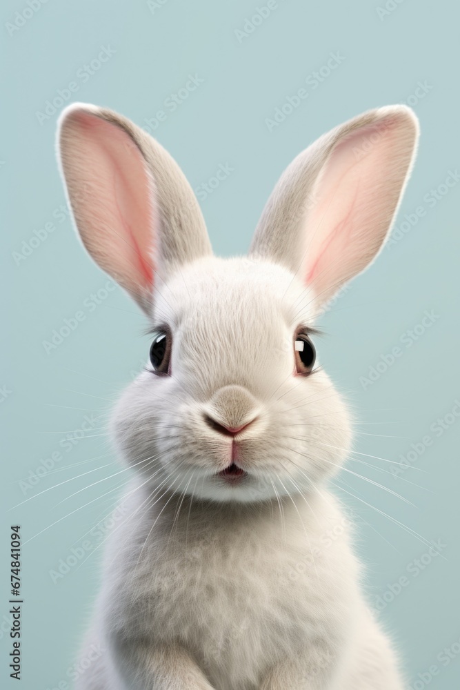 A close up view of a white rabbit on a vibrant blue background. This image can be used for various purposes, such as animal-themed designs or Easter-themed projects.
