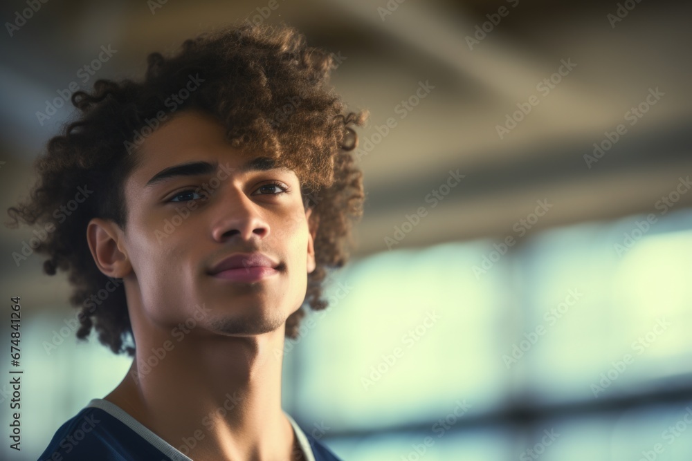 A young man with curly hair looks directly at the camera. This versatile image can be used in various contexts