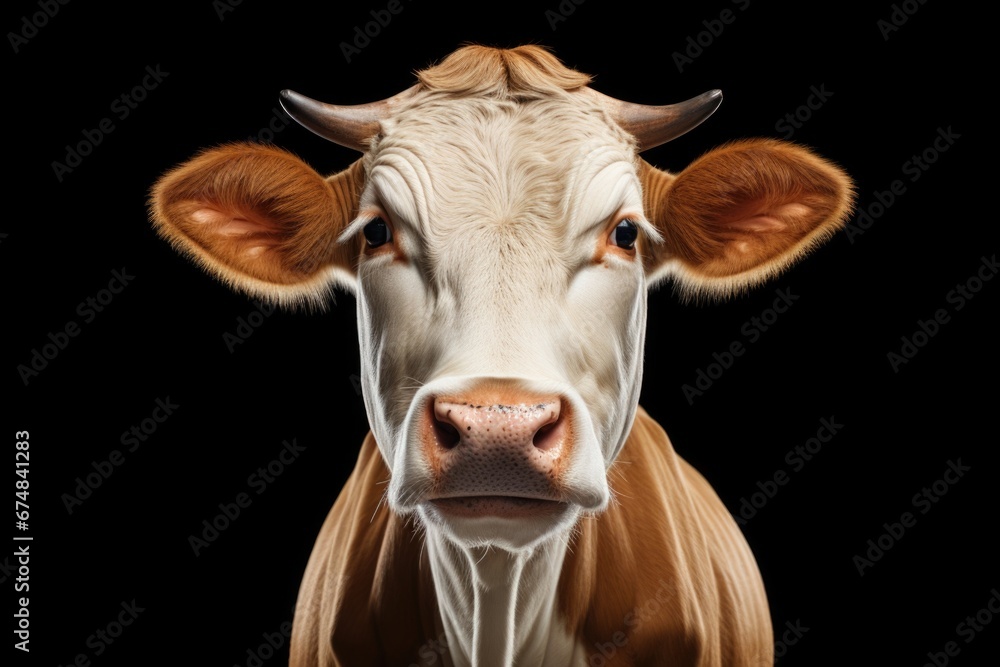 A close-up view of a cow's face with a black background. This image can be used for various purposes, such as farming, agriculture, livestock, or animal themes