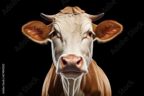 A close-up view of a cow's face with a black background. This image can be used for various purposes, such as farming, agriculture, livestock, or animal themes