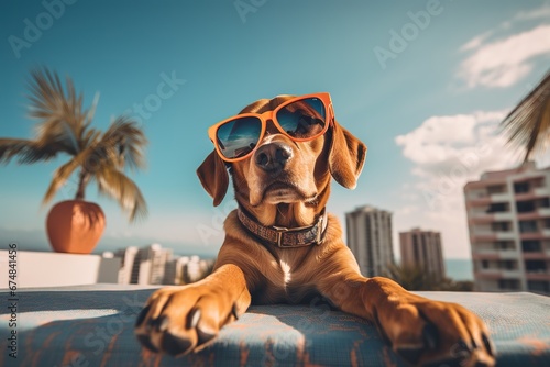 A dog with fashion sunglasses is lying on the roof traveling at the beach. Summer