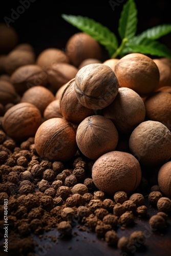 A pile of various nuts with a fresh green leaf on top. This image can be used to depict healthy snacks, natural ingredients, or autumn harvest