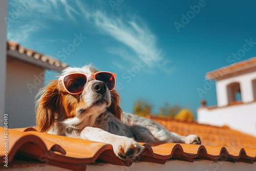 A dog with fashion sunglasses is lying on the roof traveling at the beach. Summer